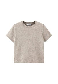 Maglione beige a maniche corte realizzato in morbido materiale a maglia. Presenta un collo rotondo e orli a coste. Design semplice e minimalista.