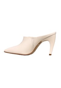 Mule din piele crem, cu vârful ascuțit, design elegant și toc stiletto de 10 cm. Prezintă detalii de cusătură subtile pe partea superioară.