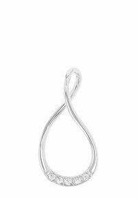 Pendente argentato a forma di infinito con design curvo, adornato con cinque piccoli gemma rotonde trasparenti al centro in basso.