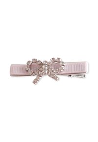 Clip per capelli di un rosa chiaro con superficie texture, caratterizzato da un design a fiocco adornato con strass trasparenti per decorazione.