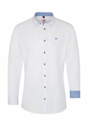 Chemise blanche à manches longues avec un avant à boutons, accent bleu sur le col et boutons décoratifs. Petit logo brodé sur la poitrine.