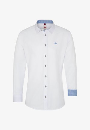 White long-sleeve shirt featuring a button-down front, blue accent on the collar, and decorative buttons. Small embroidered logo on the chest.
