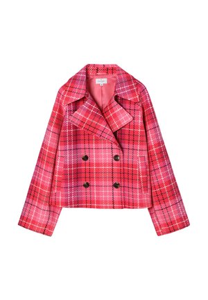 Roze geruite cropped jas met een double-breasted ontwerp, reverskraag, grote knopen en lange mouwen, voorzien van een gladde voering.