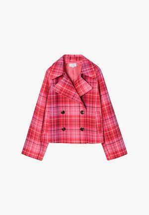 Różowa krótka kurtka w kratę z dwurzędowym zapięciem, wyciętym kołnierzem, dużymi guzikami i długimi rękawami, z gładką podszewką wewnętrzną.