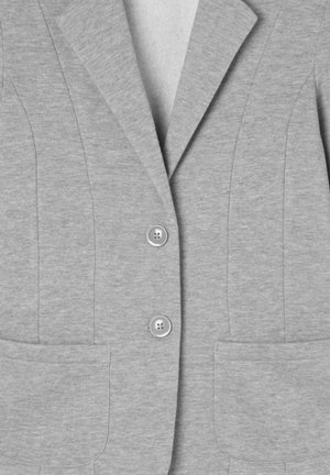 Blazer grigio realizzato in tessuto morbido, con revers a punta, due tasche frontali e tre bottoni di chiusura, con dettagli delle cuciture in tutto il capo.