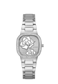 Reloj de tono plateado con una cara cuadrada texturizada que presenta recortes florales y acentos de strass, complementado por una pulsera de metal con eslabones.