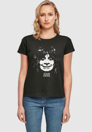 Black cotton t-shirt featuring a large white graphic of a face with iconic hair and exaggerated features, labeled "Ozzy Osbourne" below.