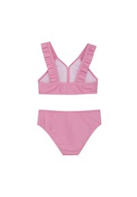 Pink bikini set featuring a ruffled tank top with wide straps and matching high-waisted bottoms, made of ribbed textured fabric.