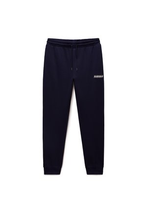Navy blue jogger pants with elastic waistband, drawstring, ankle cuffs, and small white brand logo on upper left thigh.