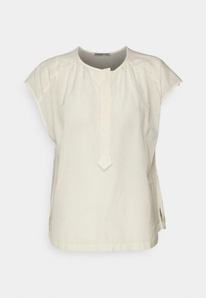 Cremfarbener, kurzärmliger Bluse mit rundem Ausschnitt, Knopfleiste, gerafftem Vorderteil und Seitenschlitzen für zusätzlichen Komfort.