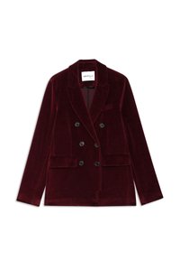 Bordový sametový blejzer na dvojité zapínanie s výstrihom do špic, dvomi prednými vreckami a čiernymi gombíkmi. Hladká textúra a prispôsobený strih.