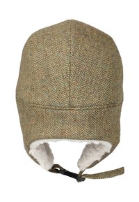 Uldhat i fiskebensmønster, grønne og brune nuancer, med en blød hvid foring og hagerem for sikker pasform.