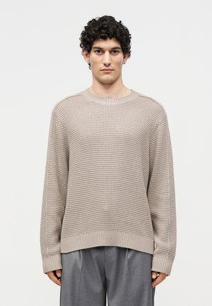 Giovane uomo con capelli neri ricci che indossa un maglione beige con texture e pantaloni grigi a gamba larga, in piedi davanti a uno sfondo bianco semplice.