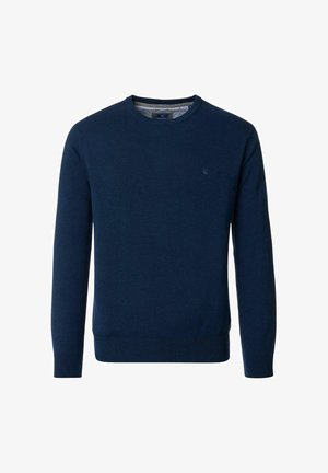 Marineblauer Pullover aus weichem Material mit Rundhalsausschnitt, langen Ärmeln und geripptem Saum. Hat ein kleines Logo auf der Brust.