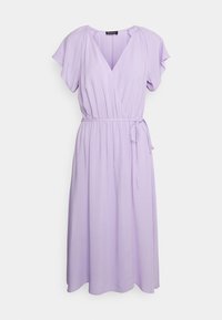 Fialová zavinovací šaty s krátkými volánovými rukávy, V-krkem, elastickým pasem a odnímatelným páskem. Hladká tkanina, délka ke kolenům.