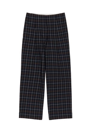 Pantalones de cuadros azul marino hechos de tela suave, con un patrón de cuadros en líneas blancas y marrones, diseño holgado de pierna recta.