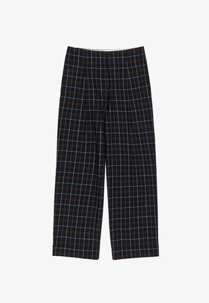 Granatowe spodnie w kratę wykonane z gładkiego materiału, z wzorem kratki z białymi i brązowymi liniami, luźny krój o prostych nogawkach.