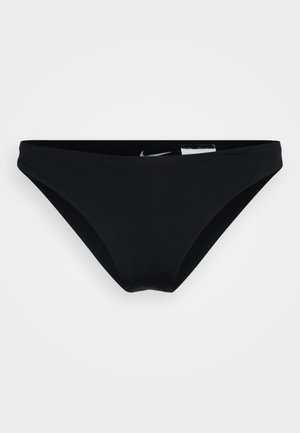 Black bikini bottom made from stretchy fabric, featuring a classic design with a low-rise waist and minimal coverage. Subtle logo detail.