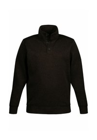Donkerbruin pullover met een hoge kraag, voorzien van een placket met twee knopen en geribde manchetten. Gemaakt van een zachte, gestructureerde stof.