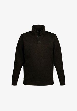 Tmavě hnědý pulover s vysokým límcem, který má zapínání na dva knoflíky a žebrované manžety. Vyroben z měkké, strukturované tkaniny.