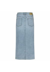 Lichtblauwe denim midi-rok met een rechte snit, met twee achterzakken en gestikte details. Schone tailleband met een label.