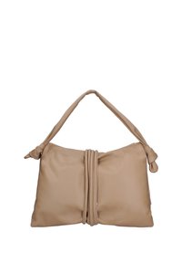 Borsa a mano in pelle beige con una texture morbida, caratterizzata da un manico annodato e un design centrale arricciato, adatta per un uso casual.