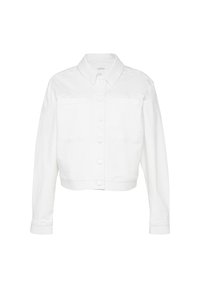 Witte denimjas met lange mouwen, knoopsluiting, twee borstzakken en een kraag. Heeft een cropped ontwerp en een soepele textuur.