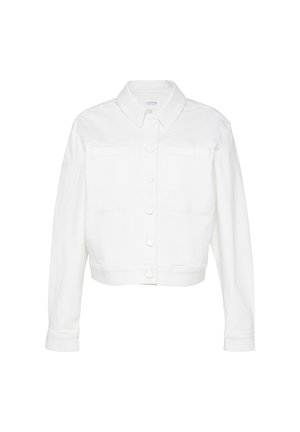 Weiße Denimjacke mit langen Ärmeln, Knopfverschluss, zwei Brusttaschen und einem kragenförmigen Ausschnitt. Verfügt über ein cropped Design und eine glatte Textur.