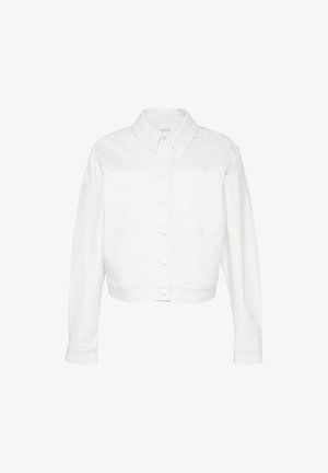 Weiße Denimjacke mit langen Ärmeln, Knopfverschluss, zwei Brusttaschen und einem kragenförmigen Ausschnitt. Verfügt über ein cropped Design und eine glatte Textur.