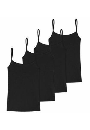 Schwarze Spaghetti-Top mit dünnen Trägern, dehnbarem Stoff und figurbetontem Design, präsentiert in einem Set von vier. Glatte Textur und einheitliche Farbe.