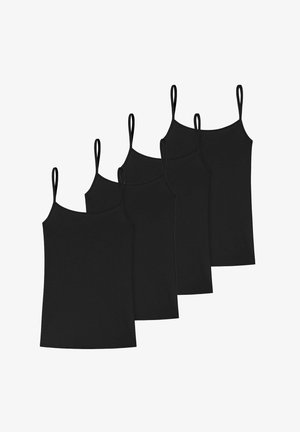 Schwarze Spaghetti-Top mit dünnen Trägern, dehnbarem Stoff und figurbetontem Design, präsentiert in einem Set von vier. Glatte Textur und einheitliche Farbe.