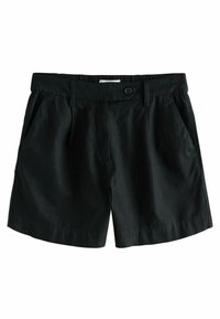 Czarne, casualowe szorty z pętelkami na pasek, z przodem zapinanym na guzik i bocznymi kieszeniami, ułożone na płasko na białym tle.