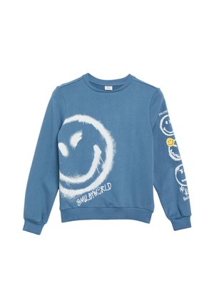 Blaues Sweatshirt mit langen Ärmeln, großem weißem gespraytem Smiley-Gesicht und dem Text "Smileyworld" vorne sowie mehreren kleinen Smileys am rechten Ärmel.