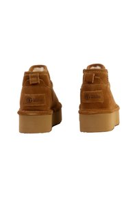 Bottes chelsea en suède marron avec une semelle plateforme surélevée et une doublure douce, dotées d'une languette au talon et d'une étiquette de marque à l'arrière.