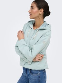 Femme portant une veste à capuche bleu clair avec cordons, de grandes boucles d'oreilles dorées en forme d'anneau, un jean bleu et les cheveux attachés en chignon, debout les bras croisés.