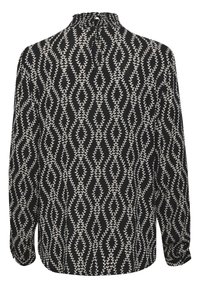 Blouse à manches longues avec un motif de feuilles noir et blanc, dotée d'une encolure smockée haute et d'une fermeture à boutons au dos.