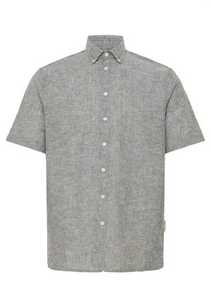 Chemise grise à manches courtes avec boutons et col boutonné, fabriquée en tissu texturé, avec des boutons blancs sur le devant.