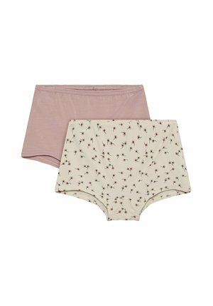 Zwei Kinderunterwäsche-Paare, eines einfarbig in hellem Mauve, das andere cremefarben mit kleinem Blumenmuster, flach ausgelegt und überlappend.