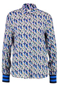 Kauluksellinen nappipaita, jossa on laivastonsininen tausta ja värikäs "LOVE"-kuvio. Hihansuissa siniset raidat tuovat lisäyksityiskohtia.