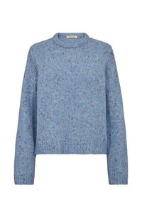 Hele sinine täpiline kootud kampsun, millel on pikad varrukad ja soonikuga ümar kaelus, varrukate otstest ja alumisest servast.