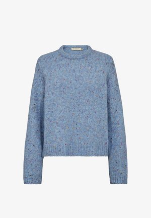 Jasnoniebieski sweter z dzianiny ze speckled, z długimi rękawami oraz prążkowanym okrągłym dekoltem, mankietami i dołem.