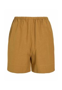 Shorts décontractés marron clair avec une taille élastique et une coupe ample, présentés sur un fond blanc.