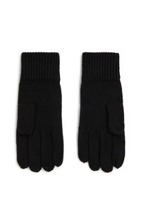 Luvas de malha pretas com punhos canelados, design de cinco dedos, textura suave e construção sem costuras para conforto e calor.