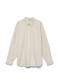 Lys beige knap-up skjorte med tynde røde lodrette striber, der har en krave og lange, lidt oversized ærmer. Blød tekstur.