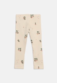 Κολάν για νήπια σε κρεμ χρώμα με ριμπ υφή, διακοσμημένα με διασκορπισμένα μικρά ροζ φρούτα και μοτίβα πράσινων φύλλων.