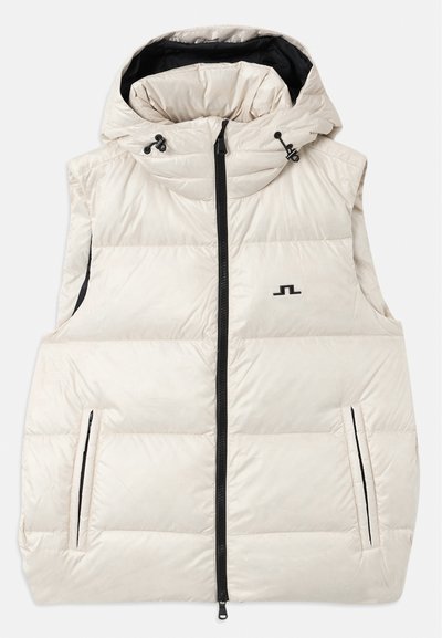 Light beige puffer vest with a hood, featuring a front zipper, two side pockets, and black accents, made of smooth, quilted material.