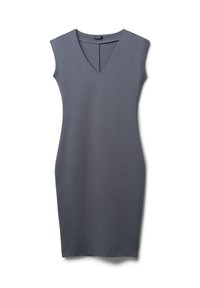 Graues, ärmelloses Kleid mit V-Ausschnitt, aus glattem Stoff gefertigt. Schlanker Schnitt, knielange Ausführung, mit sichtbaren Nähten entlang der Kanten.