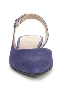 Paars, textuur flat-schoenen met een open achterkant en enkelsluitingen. Heeft een spitse neus en een gladde beige binnenzool. Biedt een strak, minimalistisch ontwerp.