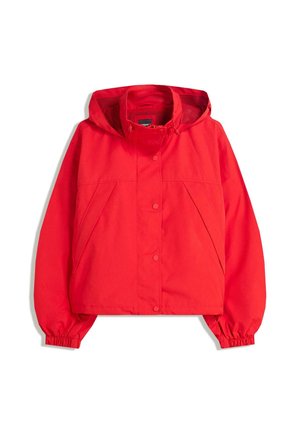 Bright red hooded jacket with front snap buttons, elastic cuffs, and diagonal slit pockets on a white background.