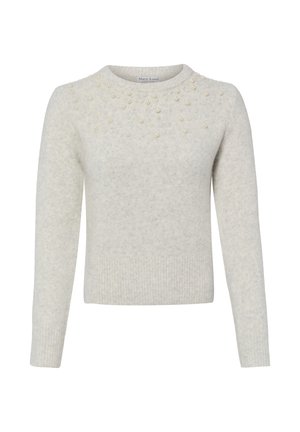 Light grey long-sleeve sweater with round neck, adorned with small pearl beads scattered on the upper front and shoulders.